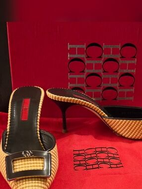 CH Carolina Herrera Beige Woven Pointed Toe Stiletto Mules Heels Size 38